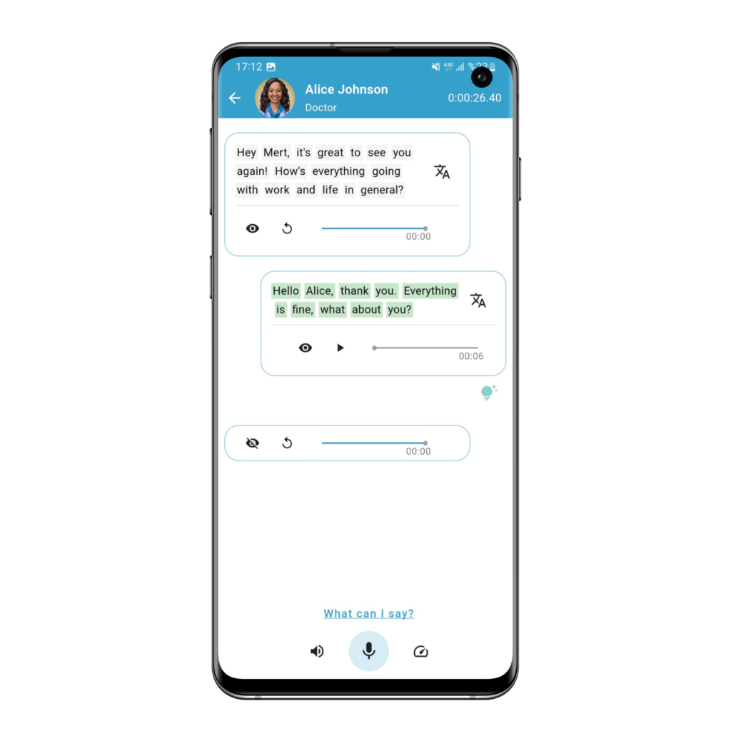 Screenshot of the Tutor AI application showing a user interacting with an AI chatbot to practice spoken English skills.